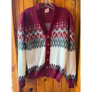 Vintage Women's Burgundy Fair‎ Isle Cardigan Sweater Geometric  Brent
